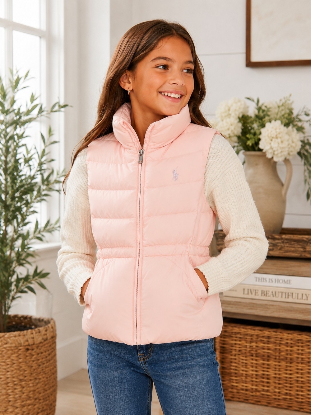 Polo Ralph Lauren Girls Pink Puffer Vest M 8-10 Pony Logo